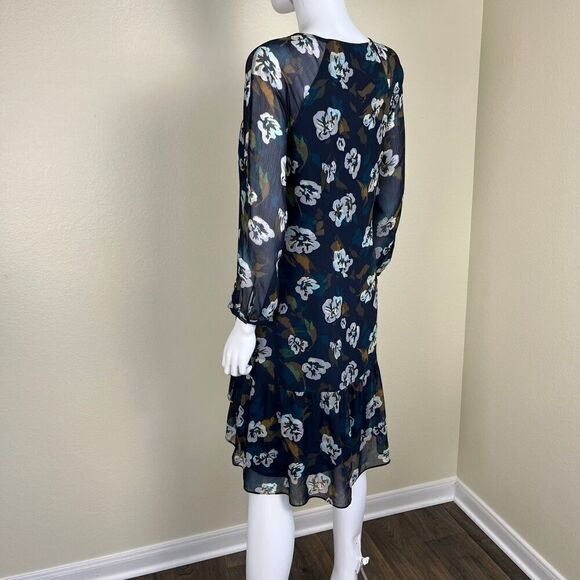 Cabi Women's Size S Blue Floral Sheer Pirouetee Drop Waist Teired Midi Dress - Picture 10 of 16